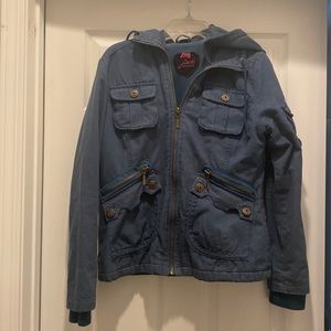 Jack BB Dakota steel blue jacket with hood and zipper.